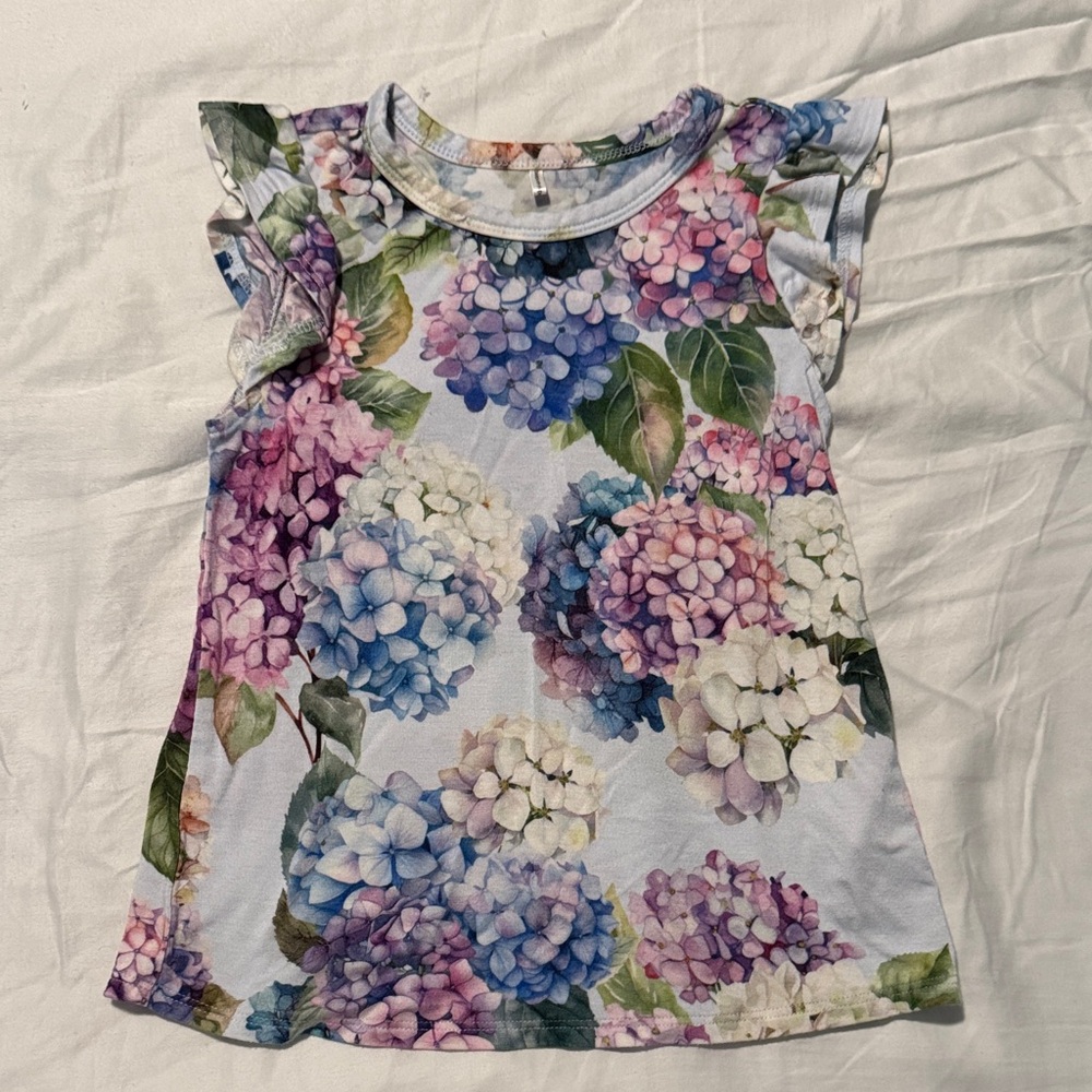Posh Peanut 3T 4T Floral Hydrangea Ruffle Sleeve Girls Top - Multicolor